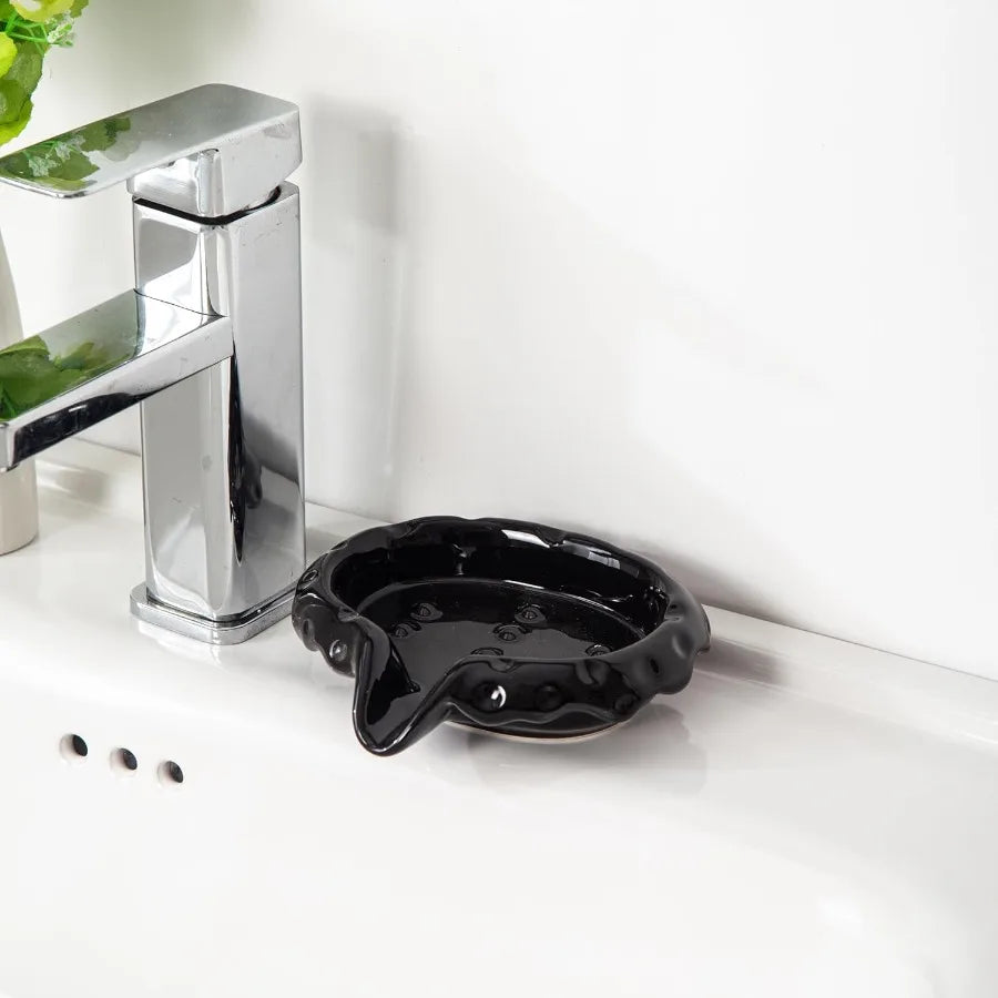 Ceramic Soap Dishes with Drain Spout Modern Bathroom Countertop Soap Holder Porcelain Soap Tray for Sink Black.