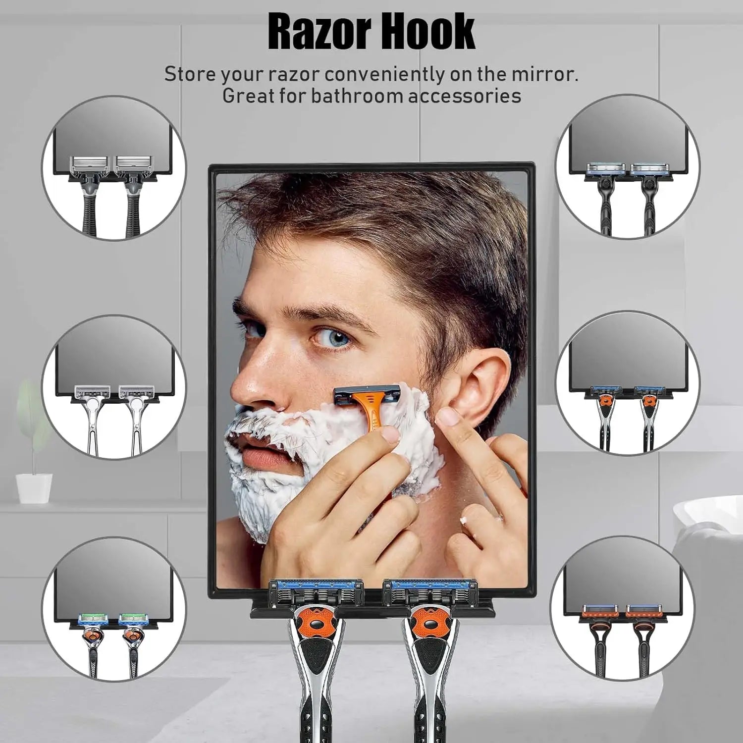 Shower Mirror for Shaving with 2 Adhesive Pads, 360° Rotation Adjustable, Razor Holder and Squeegee Included