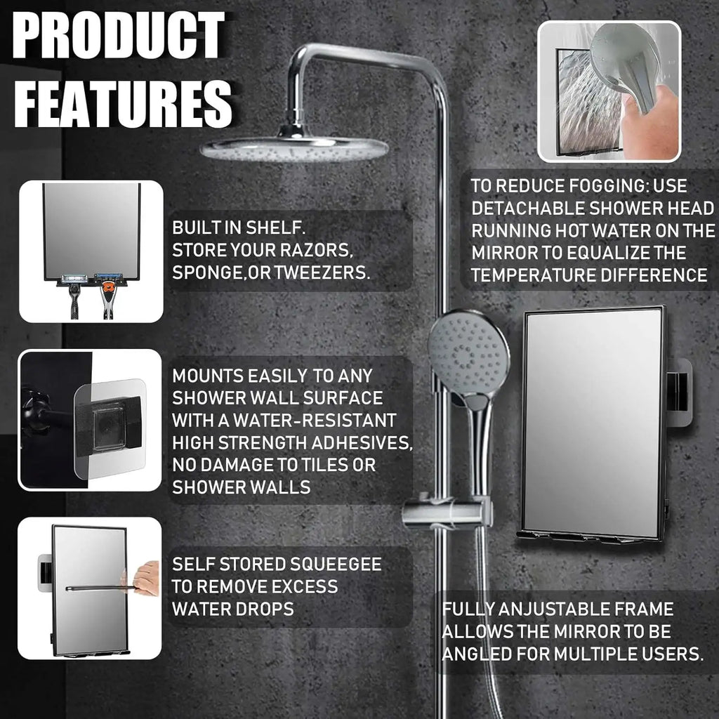 Shower Mirror for Shaving with 2 Adhesive Pads, 360° Rotation Adjustable, Razor Holder and Squeegee Included