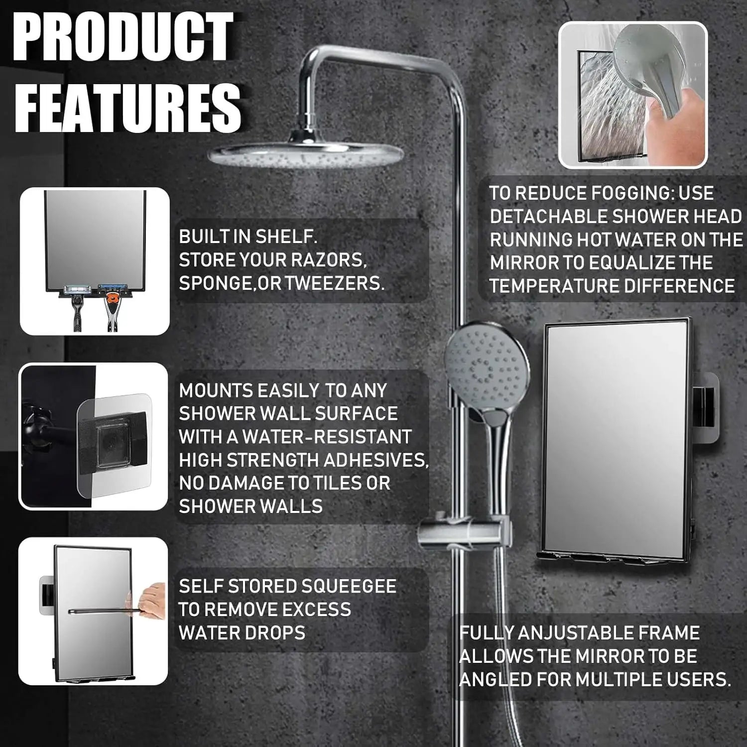 Shower Mirror for Shaving with 2 Adhesive Pads, 360° Rotation Adjustable, Razor Holder and Squeegee Included